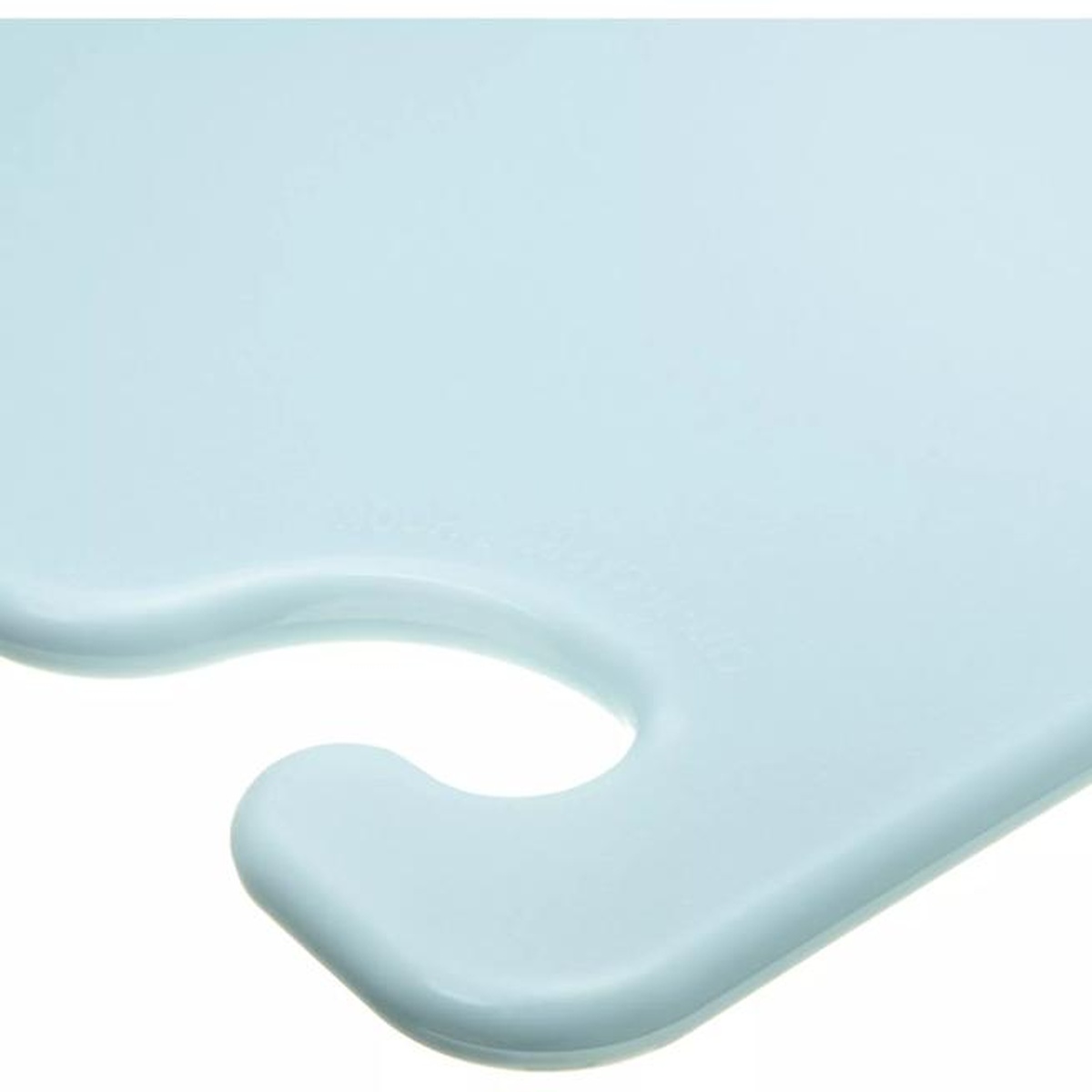 Close-up of the food safety hook molded into the corner of the blue Saf-T-Grip cutting board