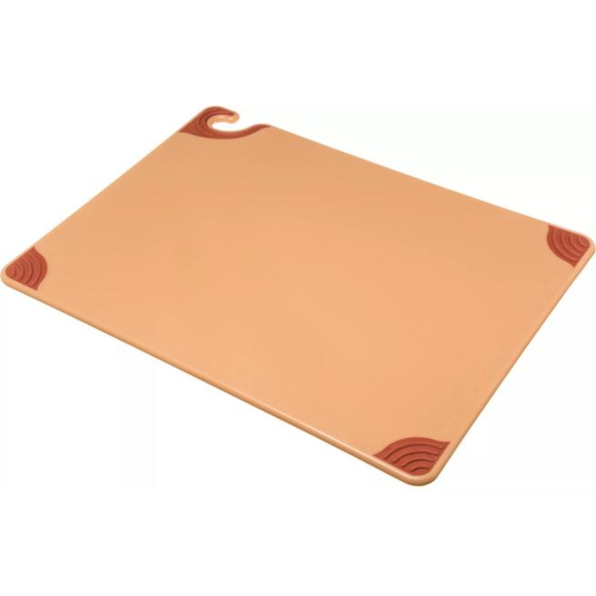 San Jamar Saf-T-Grip brown cutting board 18x24 inch isometric view showing grip corners and food safety hook