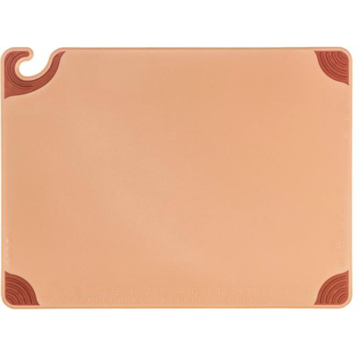 San Jamar Saf-T-Grip brown cutting board flat top view showing molded-in ruler markings along the edge