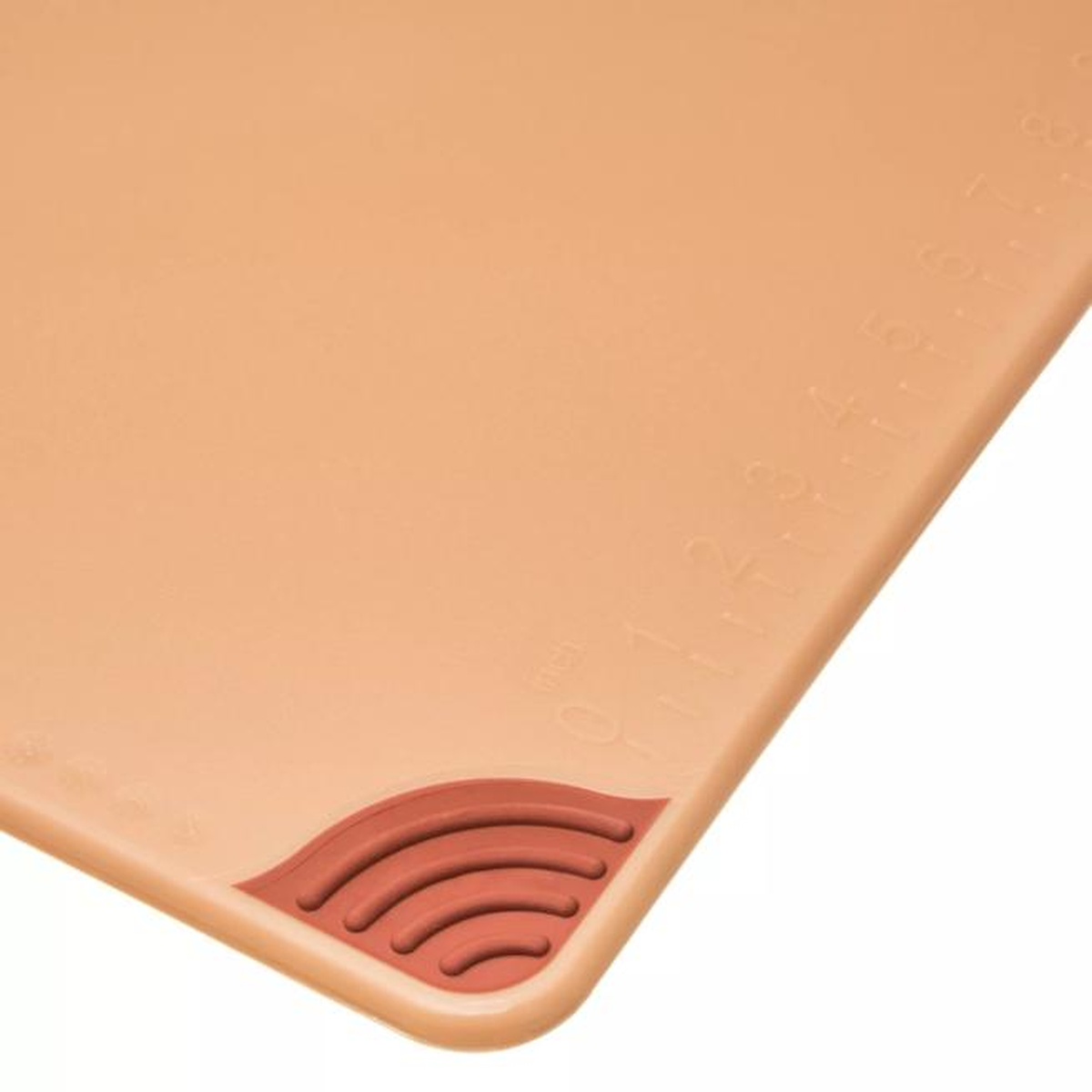 Close-up of Saf-T-Grip cutting board anti-slip grip corner with brown rubber ridged pad