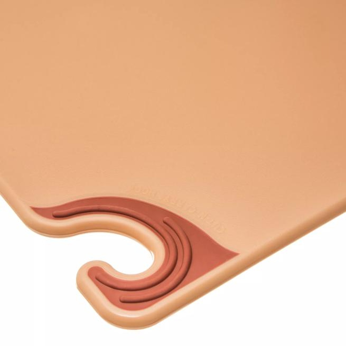 Close-up of Saf-T-Grip cutting board corner showing the food safety hook detail in brown
