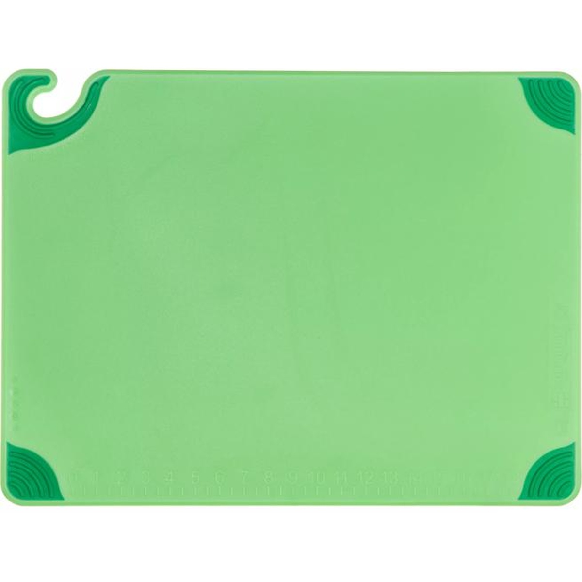 Flat top-down view of San Jamar Saf-T-Grip green cutting board showing integrated ruler measurements along the bottom edge