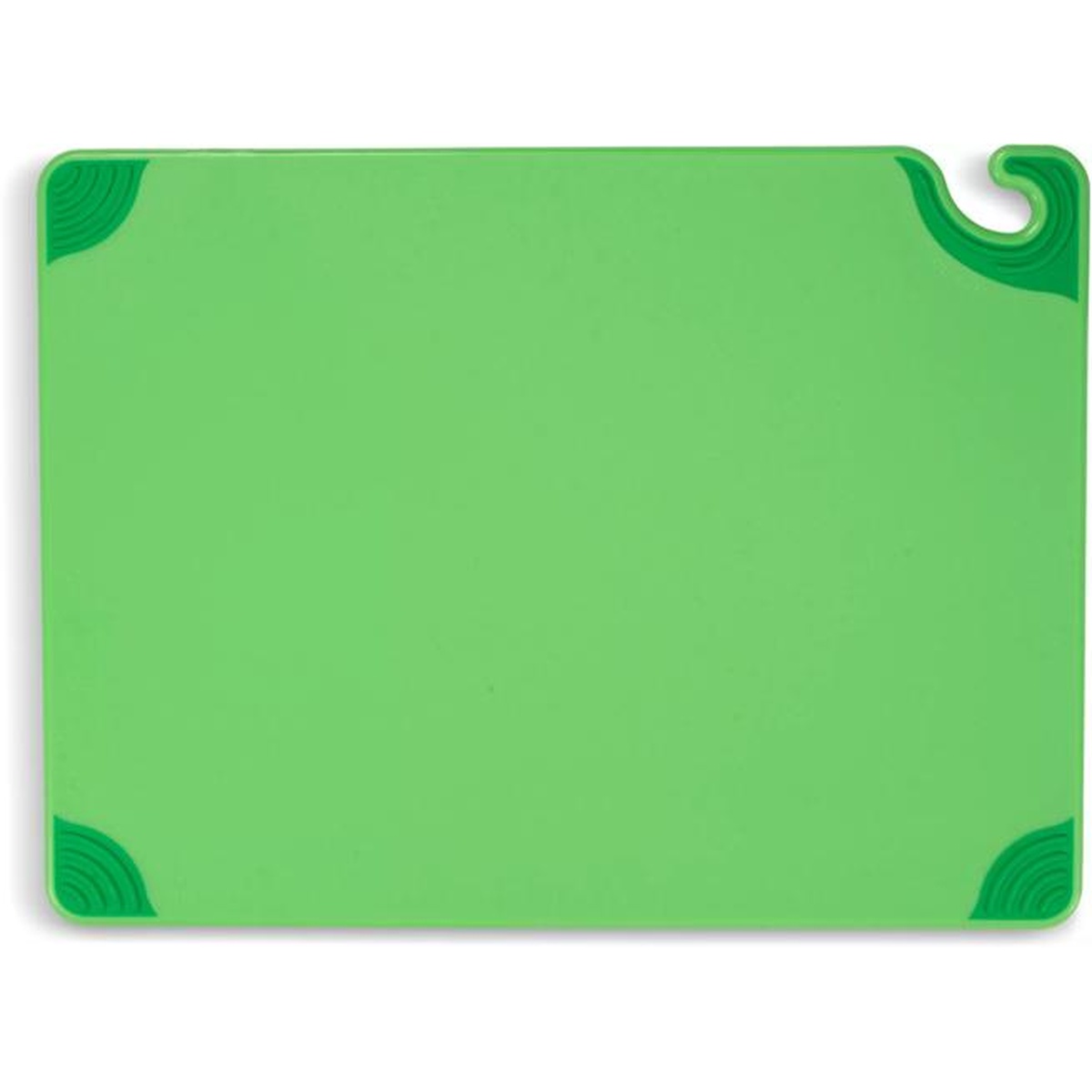 Front flat view of San Jamar Saf-T-Grip green cutting board showing food safety hook at top corner and all four grip corners