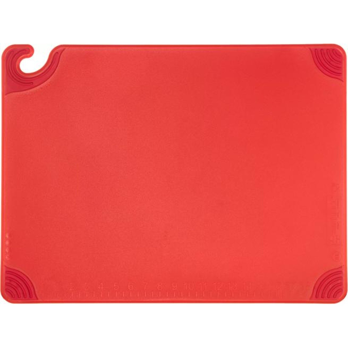 Top-down flat view of red cutting board showing molded-in ruler markings along the bottom edge and food safety hook at top left