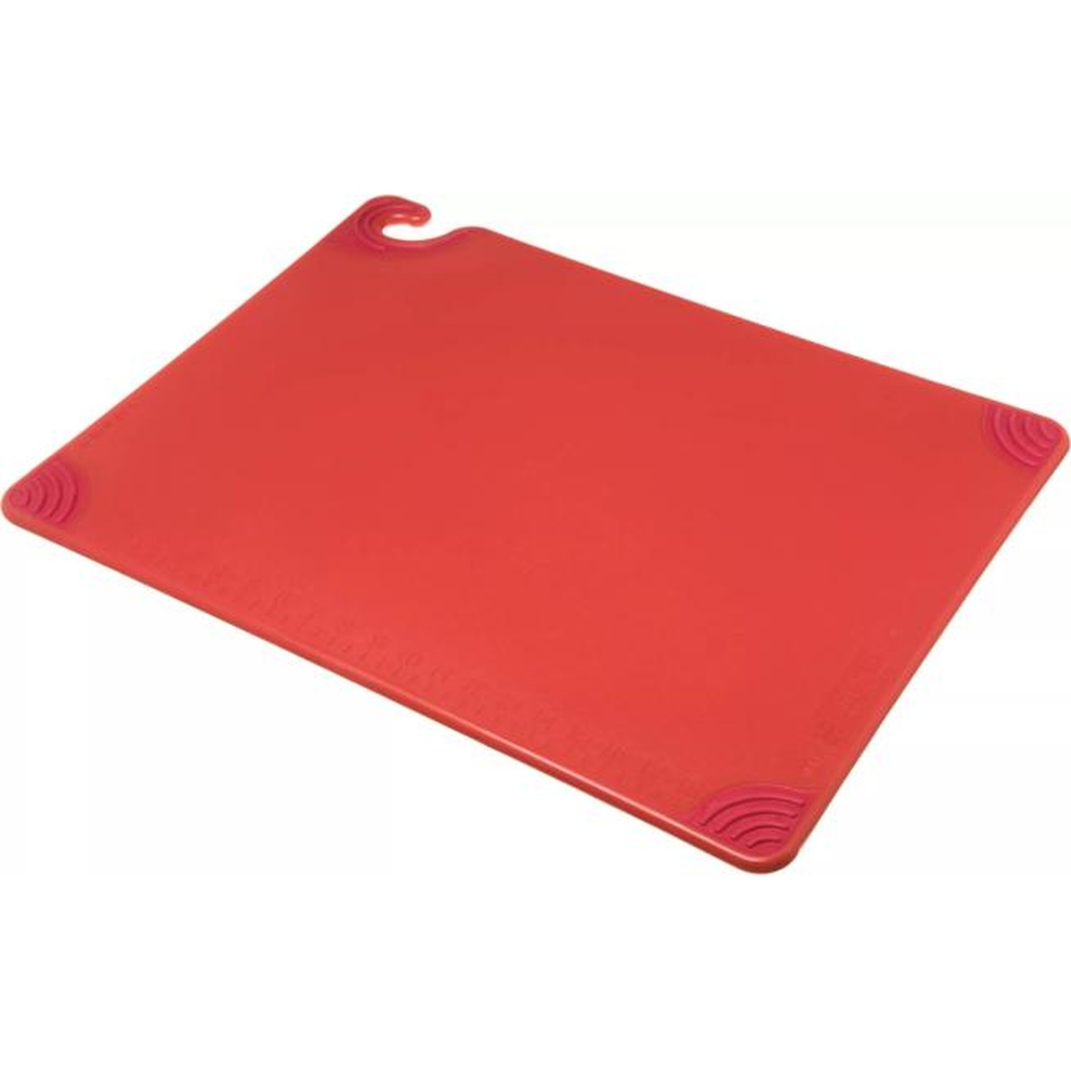 San Jamar Saf-T-Grip red cutting board angled view showing hook and corner grip pads
