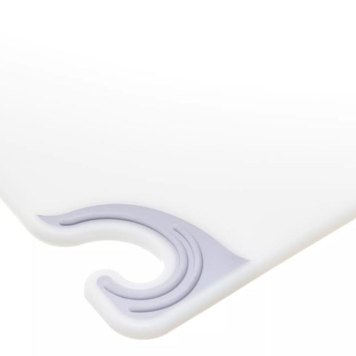 Close-up of the gray food safety hook on the corner of the white Saf-T-Grip cutting board