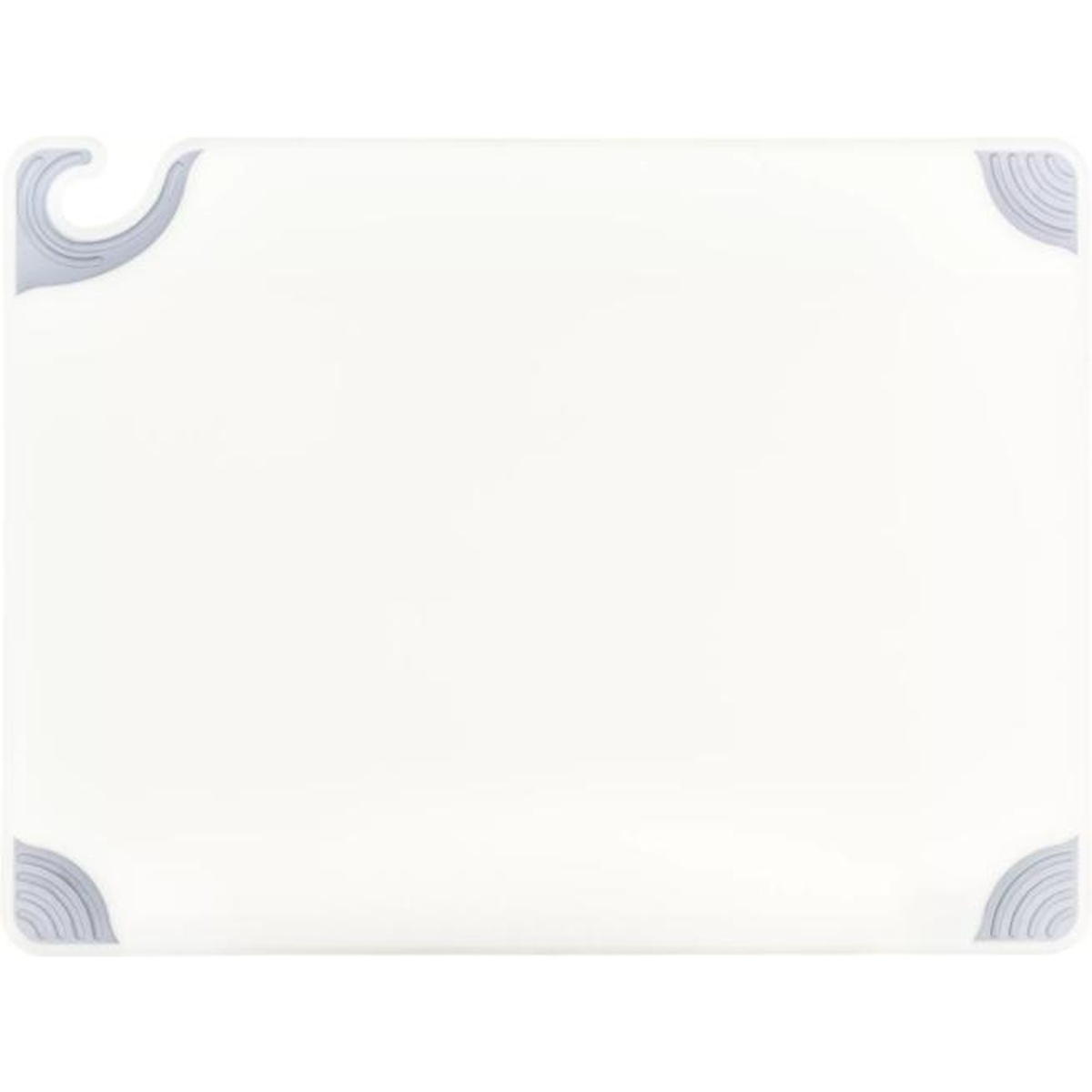 Top-down flat view of white San Jamar Saf-T-Grip cutting board showing food safety hook and all grip corners