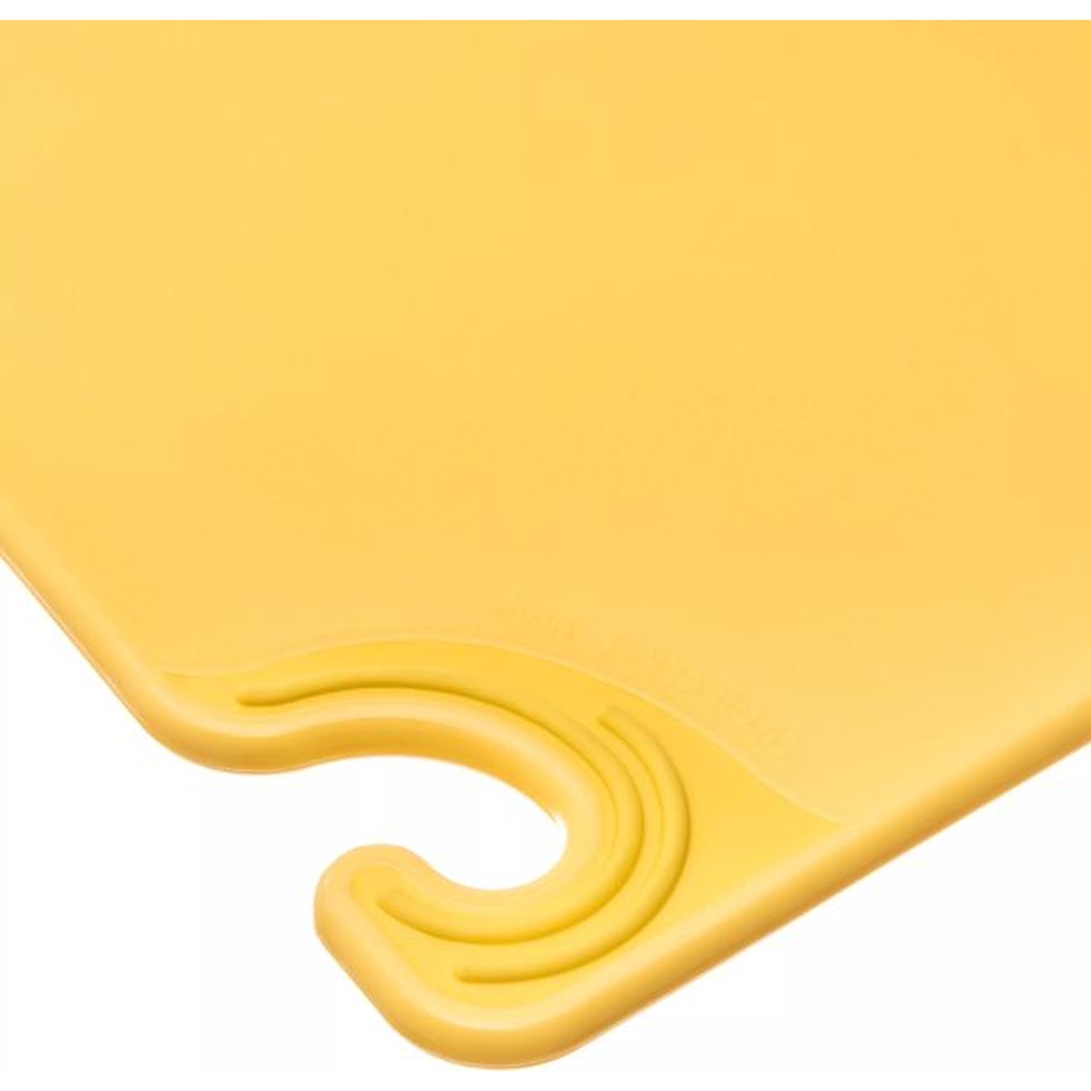 Close-up of the San Jamar Saf-T-Grip food safety hook corner detail on the yellow cutting board