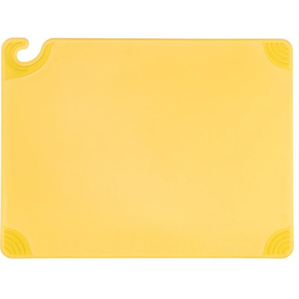 Top-down flat view of the San Jamar yellow cutting board showing full surface, food safety hook, and grip corners