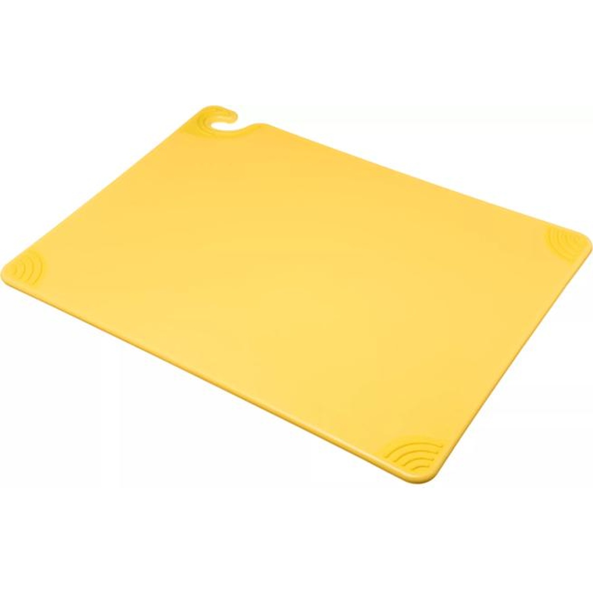 San Jamar Saf-T-Grip yellow cutting board 18x24 inch angled view showing food safety hook and anti-slip grip corners