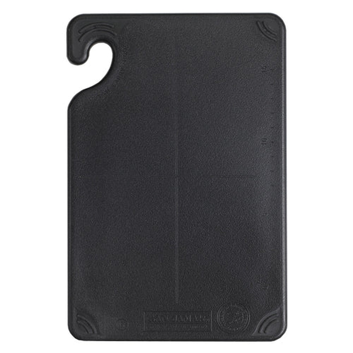 San Jamar Saf-T-Grip black bar cutting board showing built-in hook, anti-slip corner grips, and integrated ruler