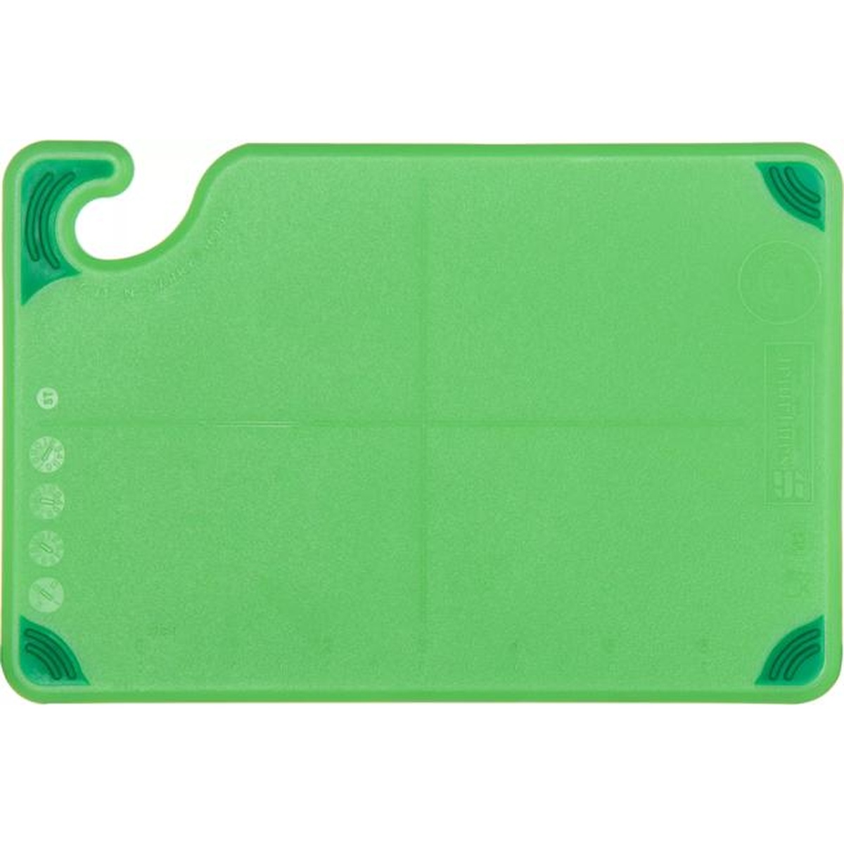 San Jamar Saf-T-Grip green cutting board flat back view showing molded-in ruler markings and food safety hook