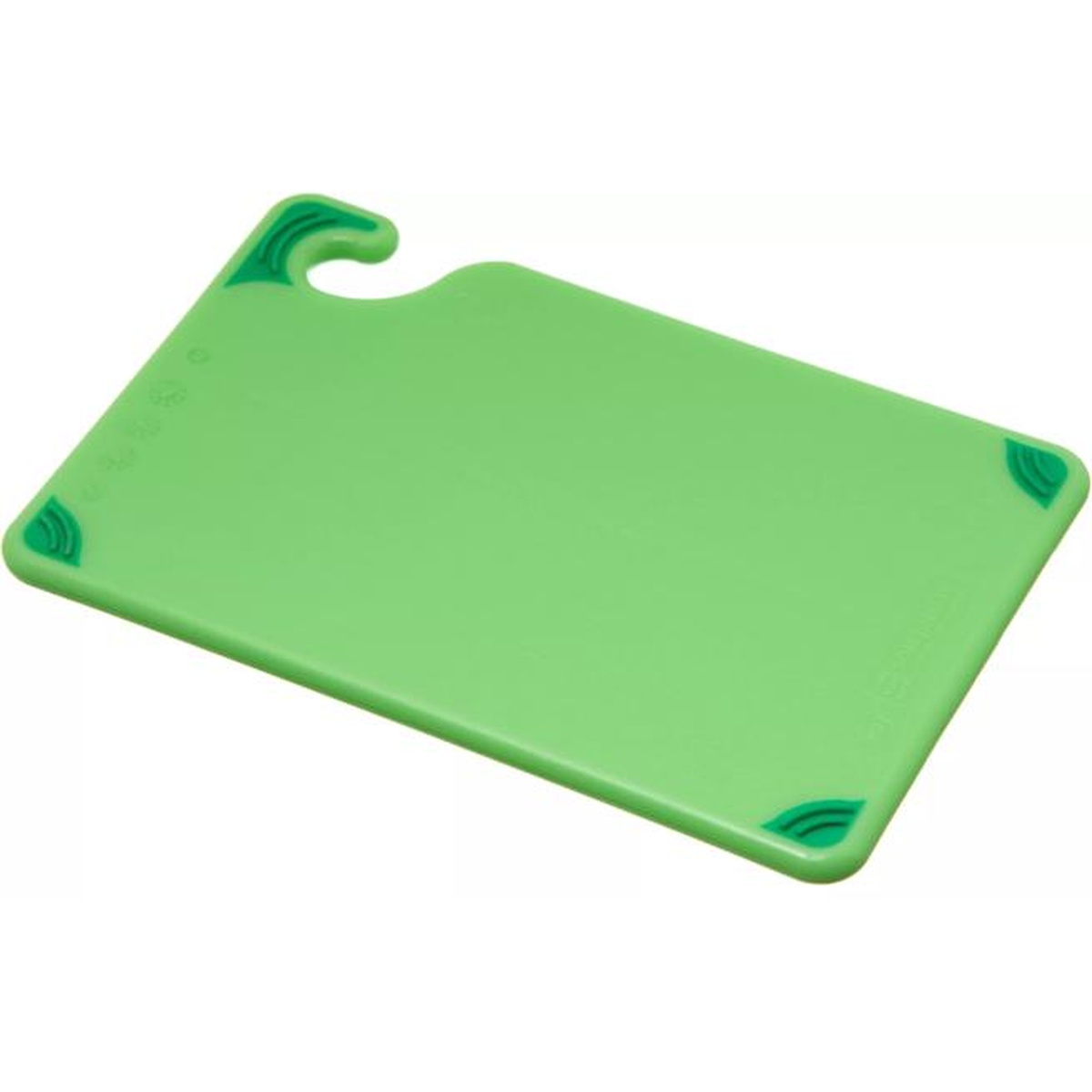 San Jamar Saf-T-Grip green cutting board angled view showing food safety hook and anti-slip grip corners