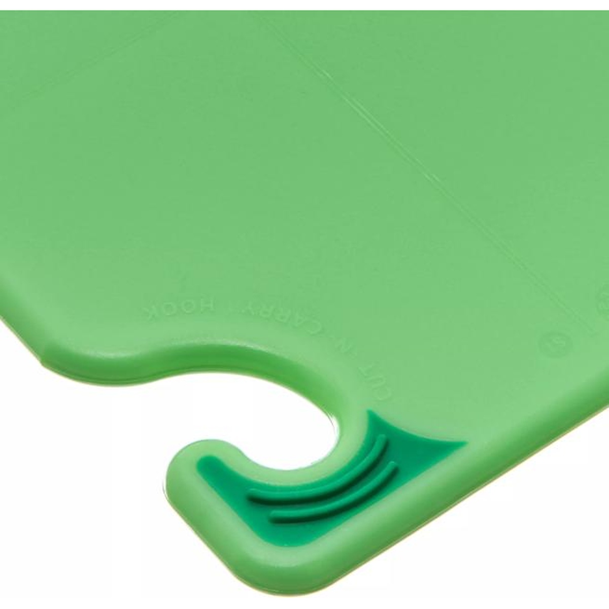 Close-up of San Jamar Saf-T-Grip green cutting board food safety hook carry corner detail