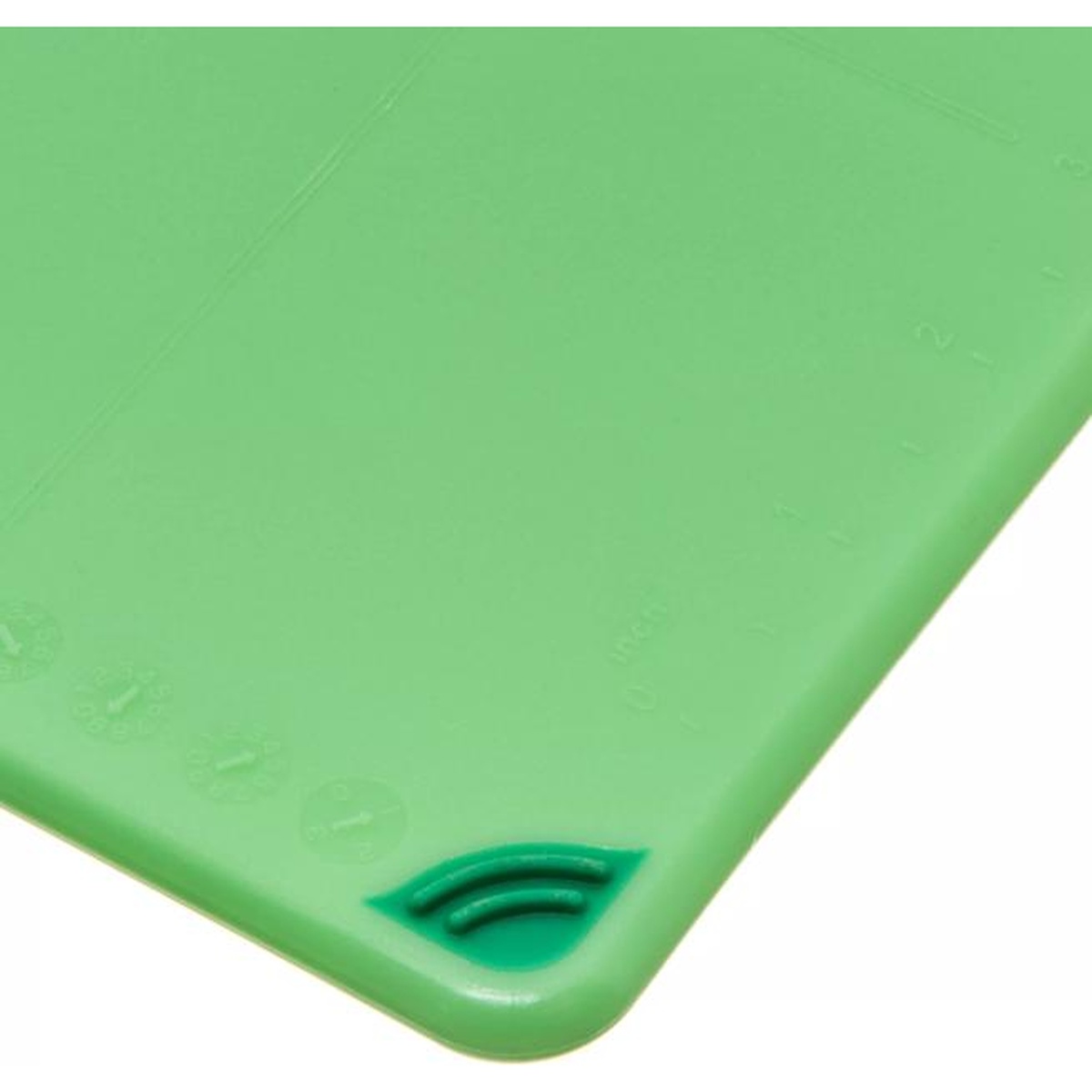 Close-up of San Jamar Saf-T-Grip green cutting board anti-slip grip corner insert detail