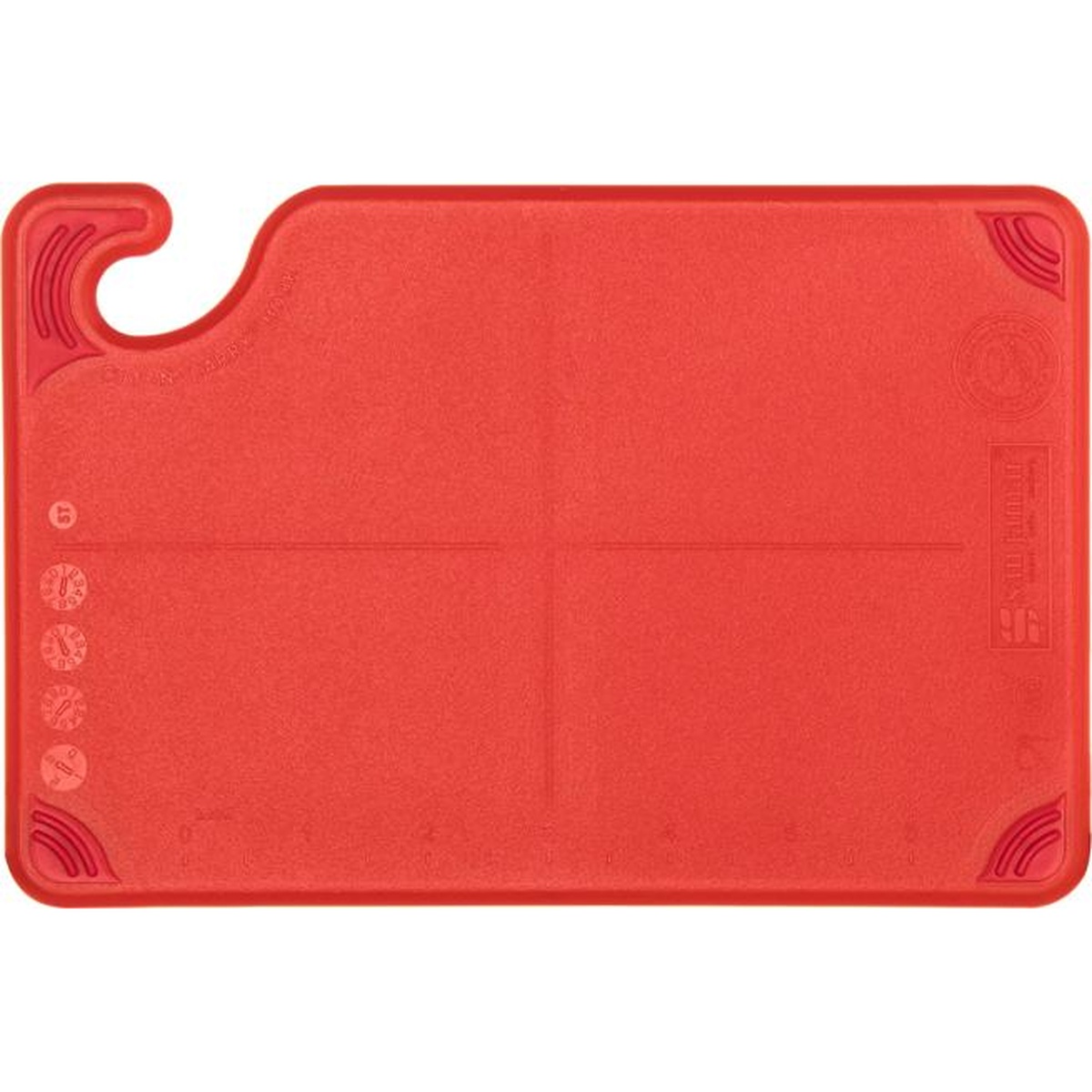 Top-down view of the red Saf-T-Grip cutting board displaying the molded ruler and anti-slip grip corners