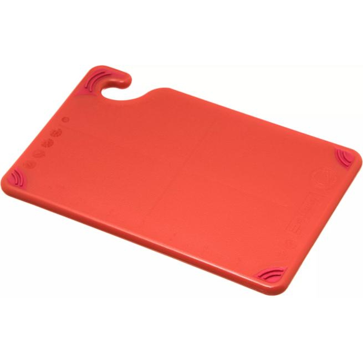 San Jamar Saf-T-Grip red bar cutting board angled view showing hook and grip corners