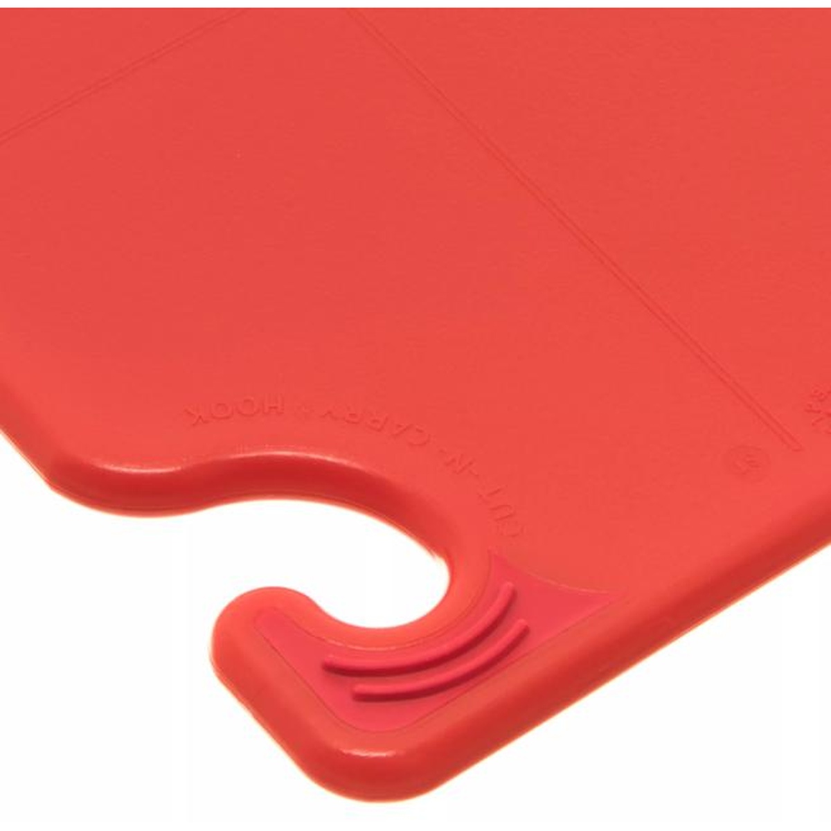 Close-up of the patented food safety carry hook on the red Saf-T-Grip cutting board