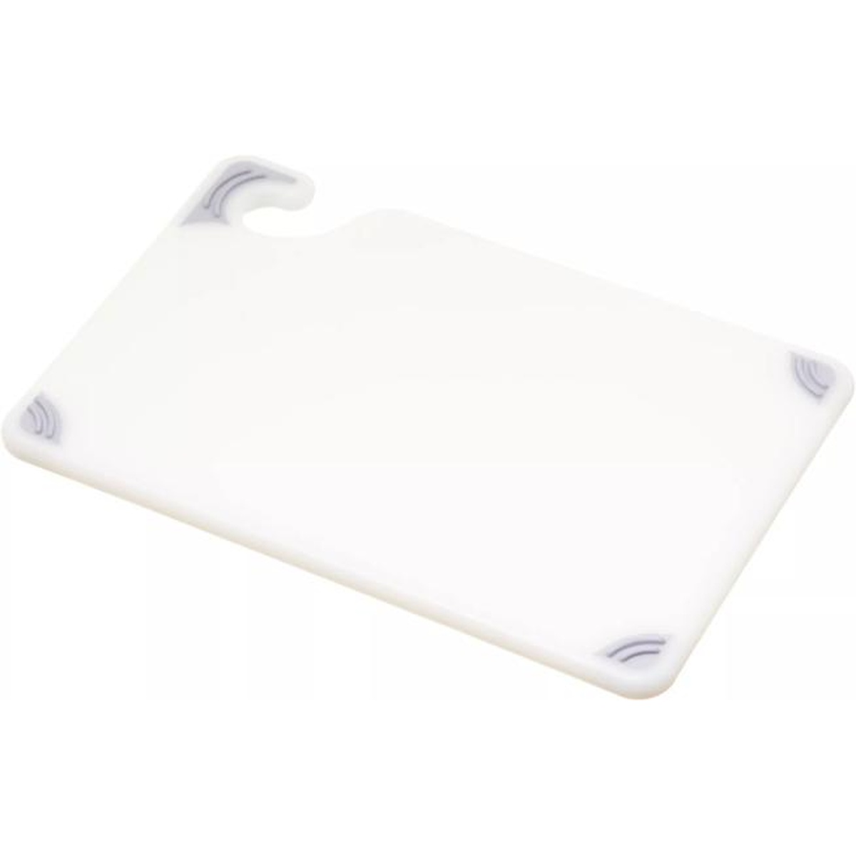 San Jamar Saf-T-Grip white cutting board angled view showing anti-slip grip corners and food safety hook