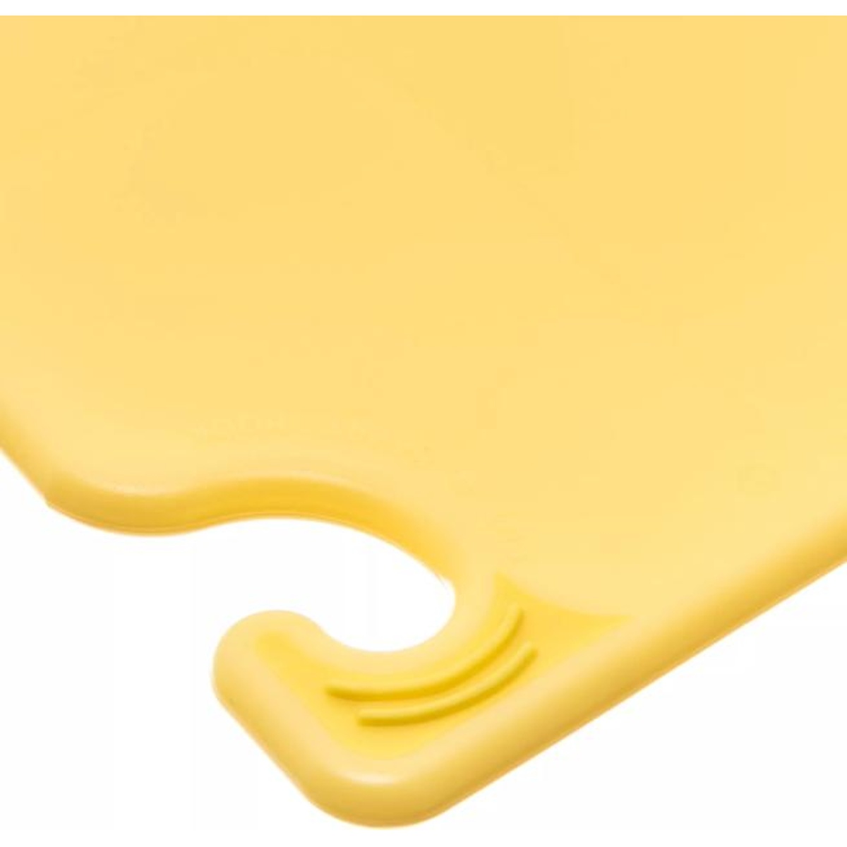 Close-up of the food safety hook on the San Jamar yellow Saf-T-Grip cutting board corner