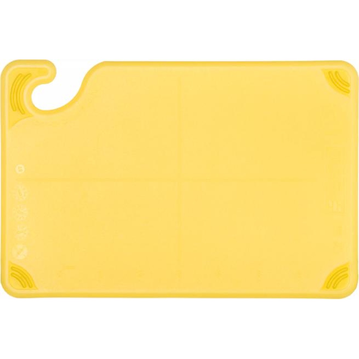 Top-down view of yellow Saf-T-Grip cutting board showing all four anti-slip grip corners and food safety hook