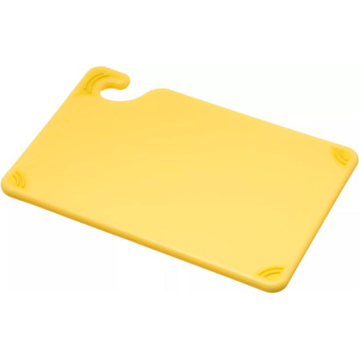 San Jamar Saf-T-Grip yellow cutting board showing grip corners and food safety hook, 3/4 angle view