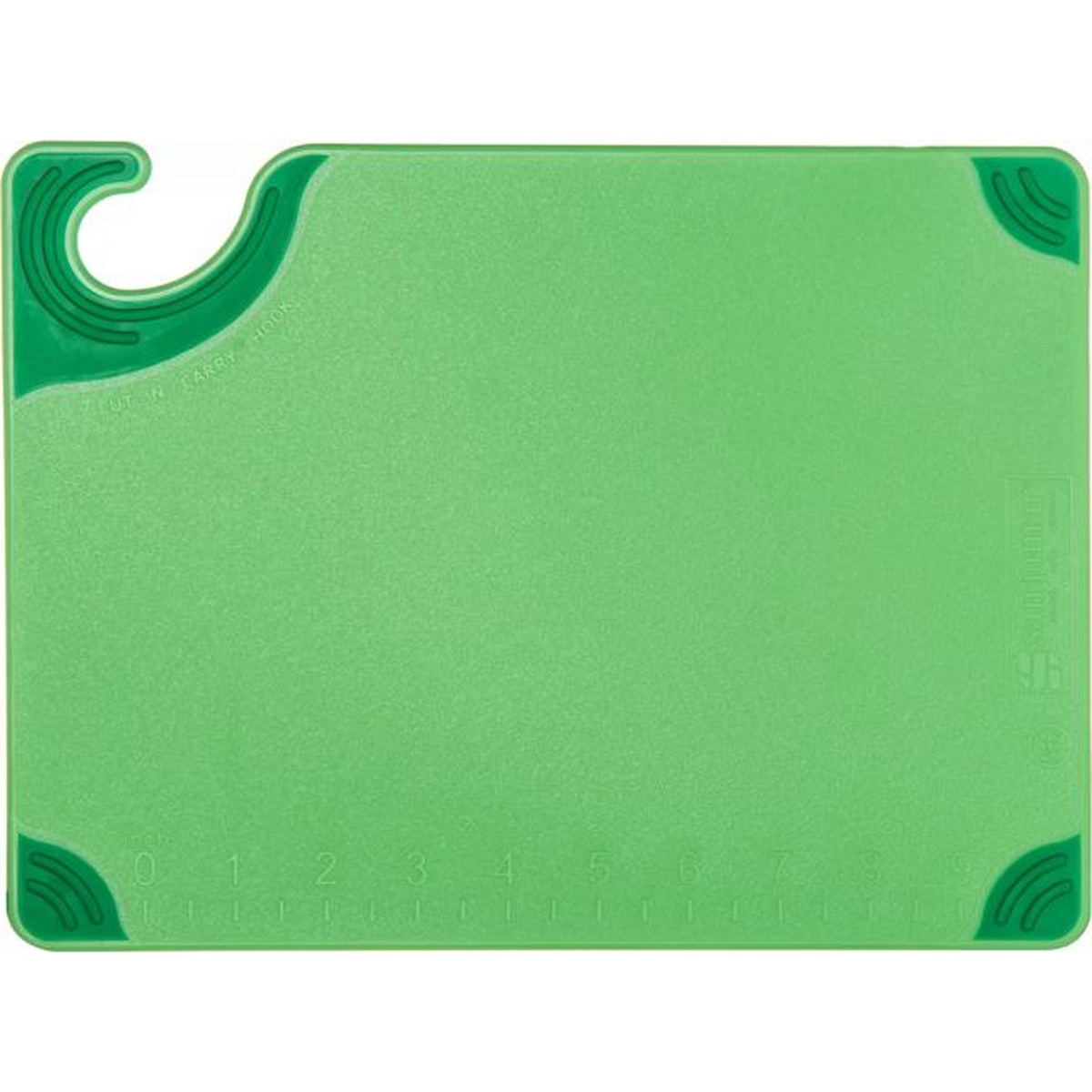 Top-down view of green Saf-T-Grip cutting board showing molded-in ruler markings and grip corners