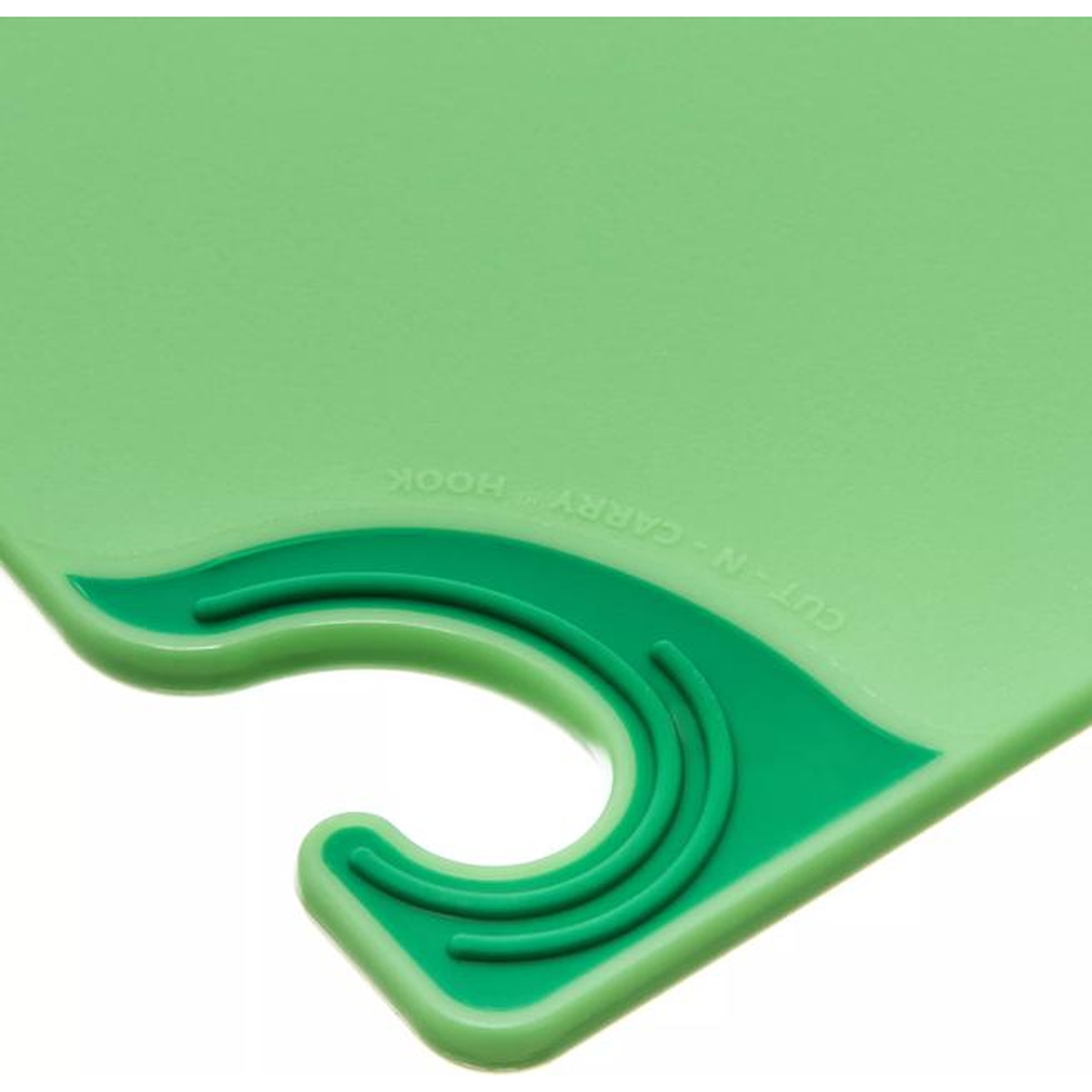 Close-up of the green Cut-N-Carry food safety hook corner on the Saf-T-Grip cutting board