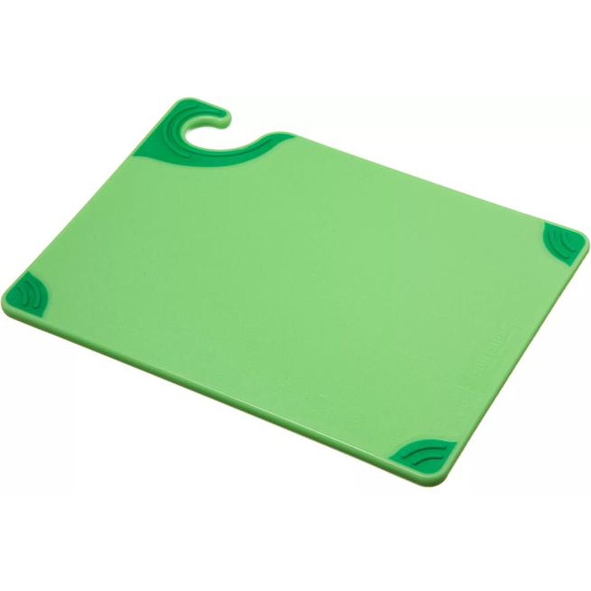 San Jamar Saf-T-Grip green cutting board with anti-slip corners and food safety hook, angled perspective view