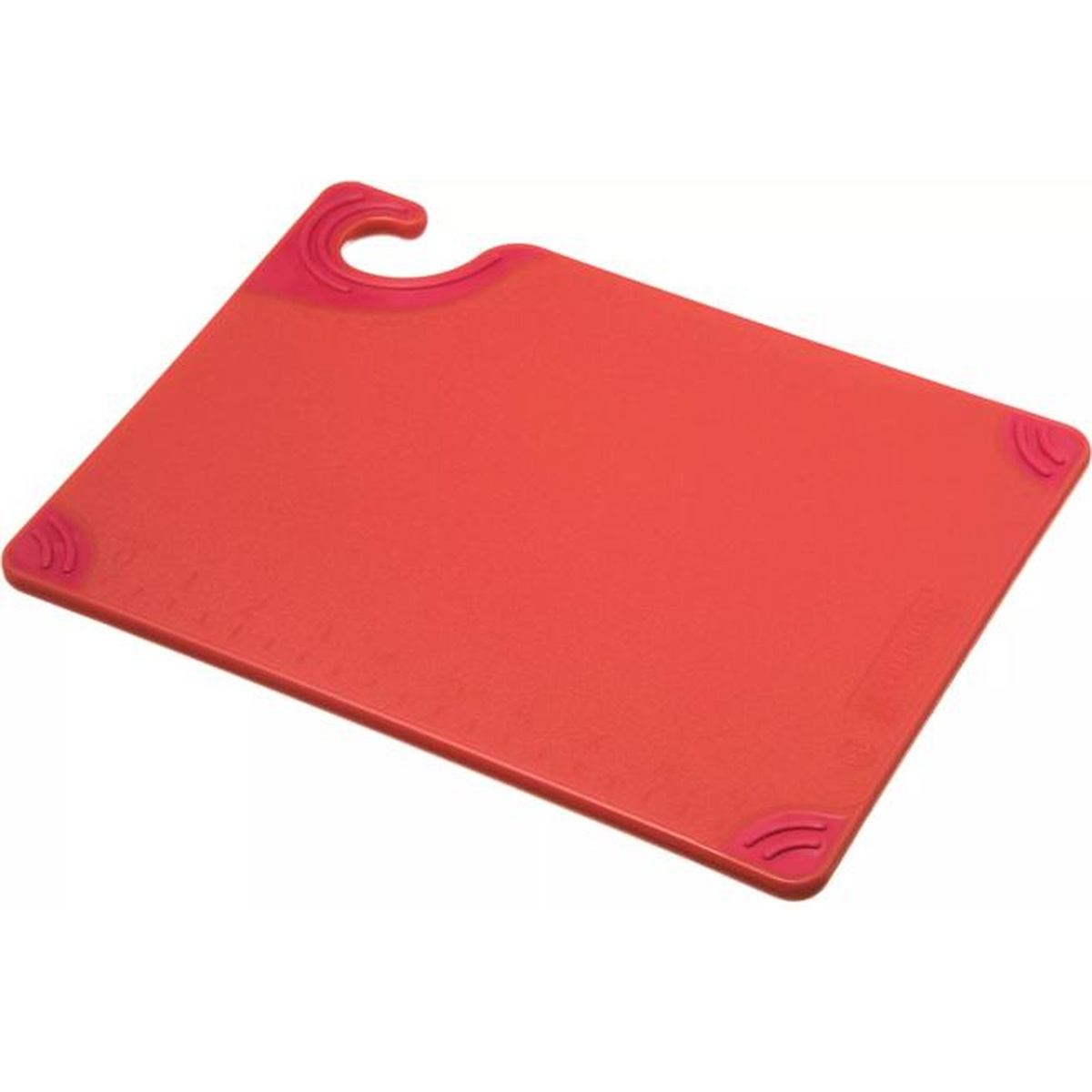 San Jamar Saf-T-Grip red cutting board full angled view showing anti-slip corners and hook