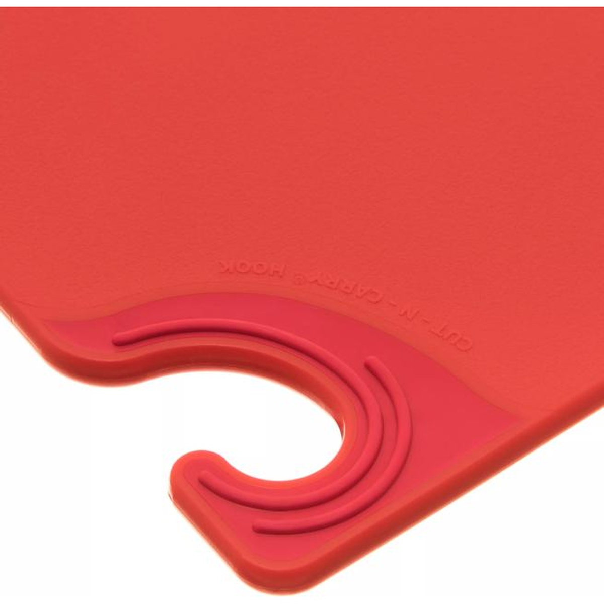 Close-up of the Cut-N-Carry hook on the red San Jamar Saf-T-Grip cutting board