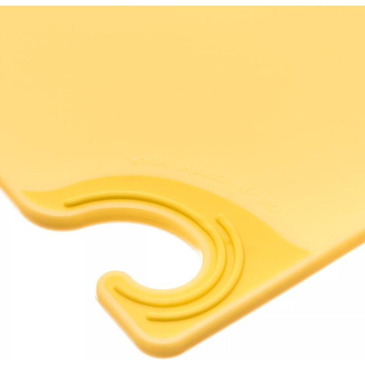 Close-up detail of the food safety hook on the San Jamar Saf-T-Grip yellow cutting board