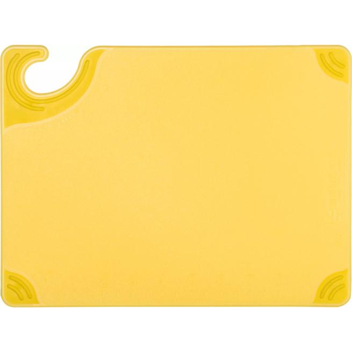 San Jamar Saf-T-Grip yellow cutting board flat front view showing hook and grip corners