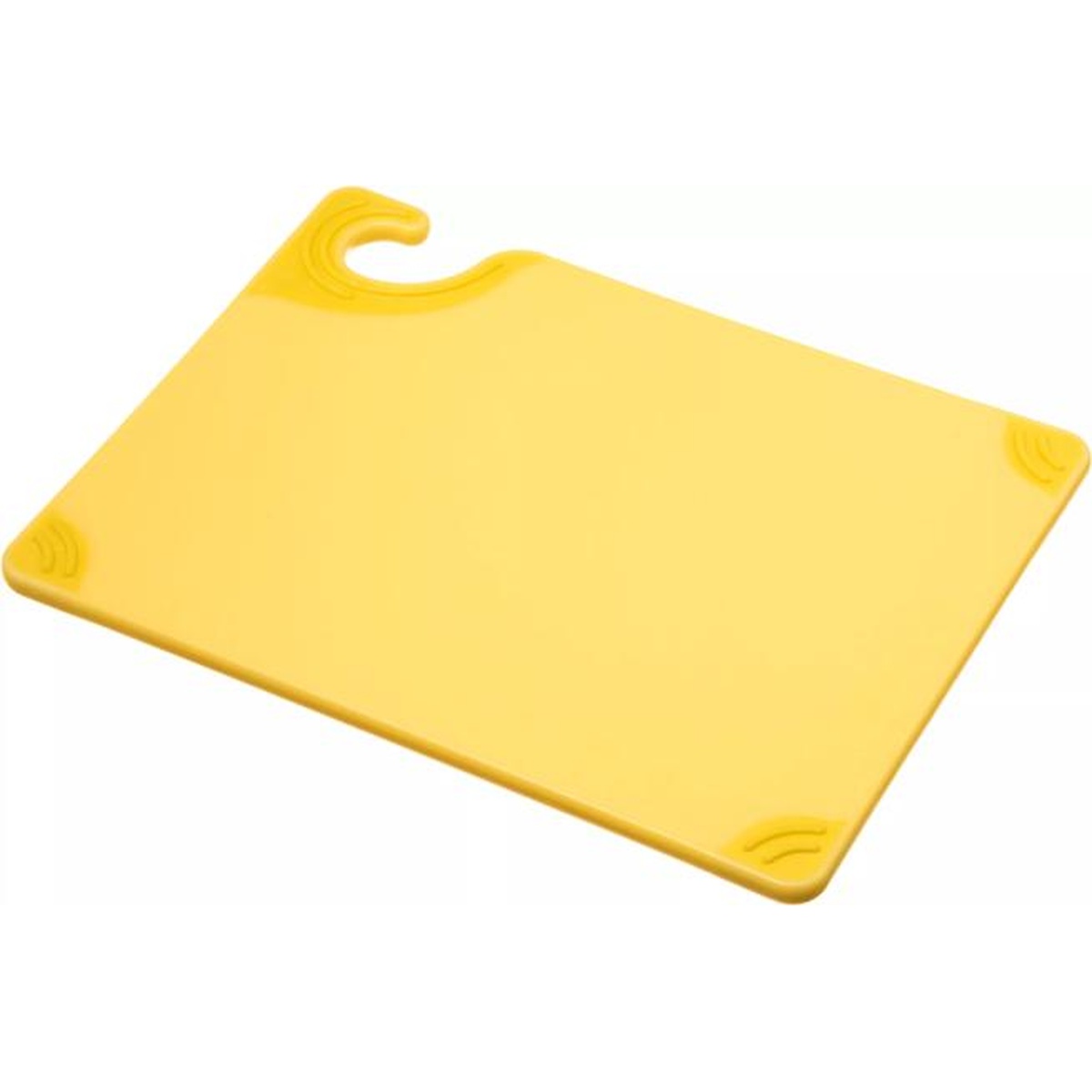 San Jamar Saf-T-Grip yellow cutting board angled view showing grip corners and food safety hook