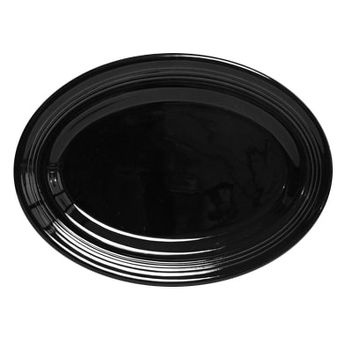 Tuxton CBH-136 Concentrix Black 13.75-inch oval ceramic platter with concentric ring wide rim detail