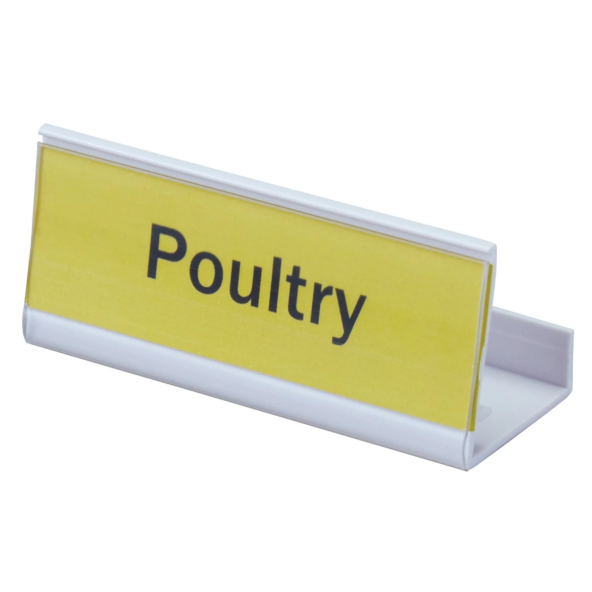 Cambro CBID6 white plastic 6-inch ID tag holder with a yellow Poultry label inserted in the clear front panel
