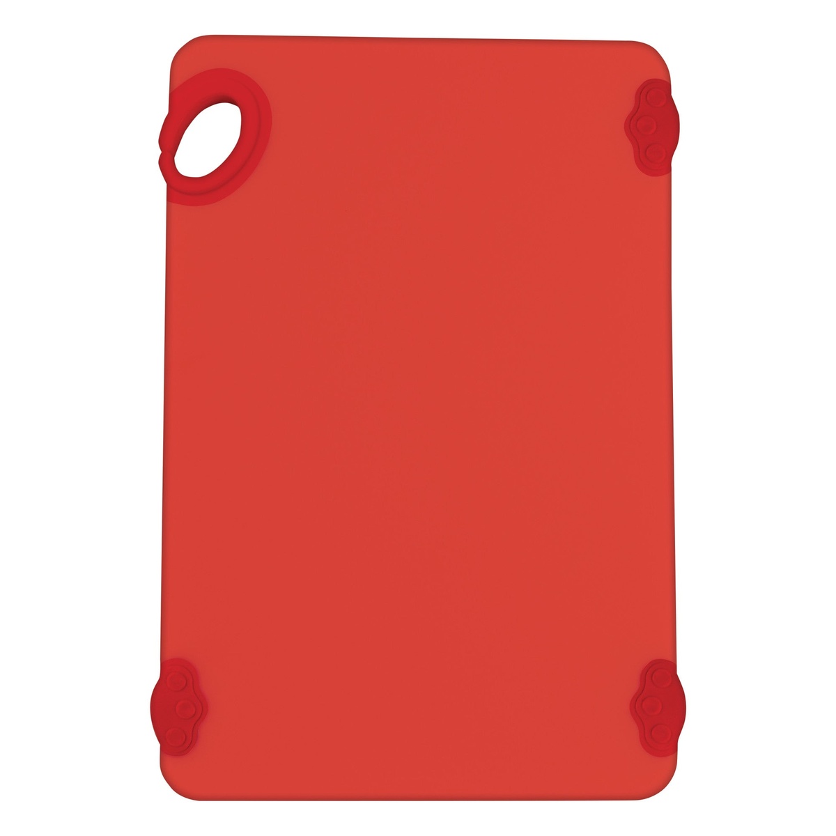Winco CBK-1218RD red co-polymer cutting board showing molded hook and rubberized non-slip corner feet
