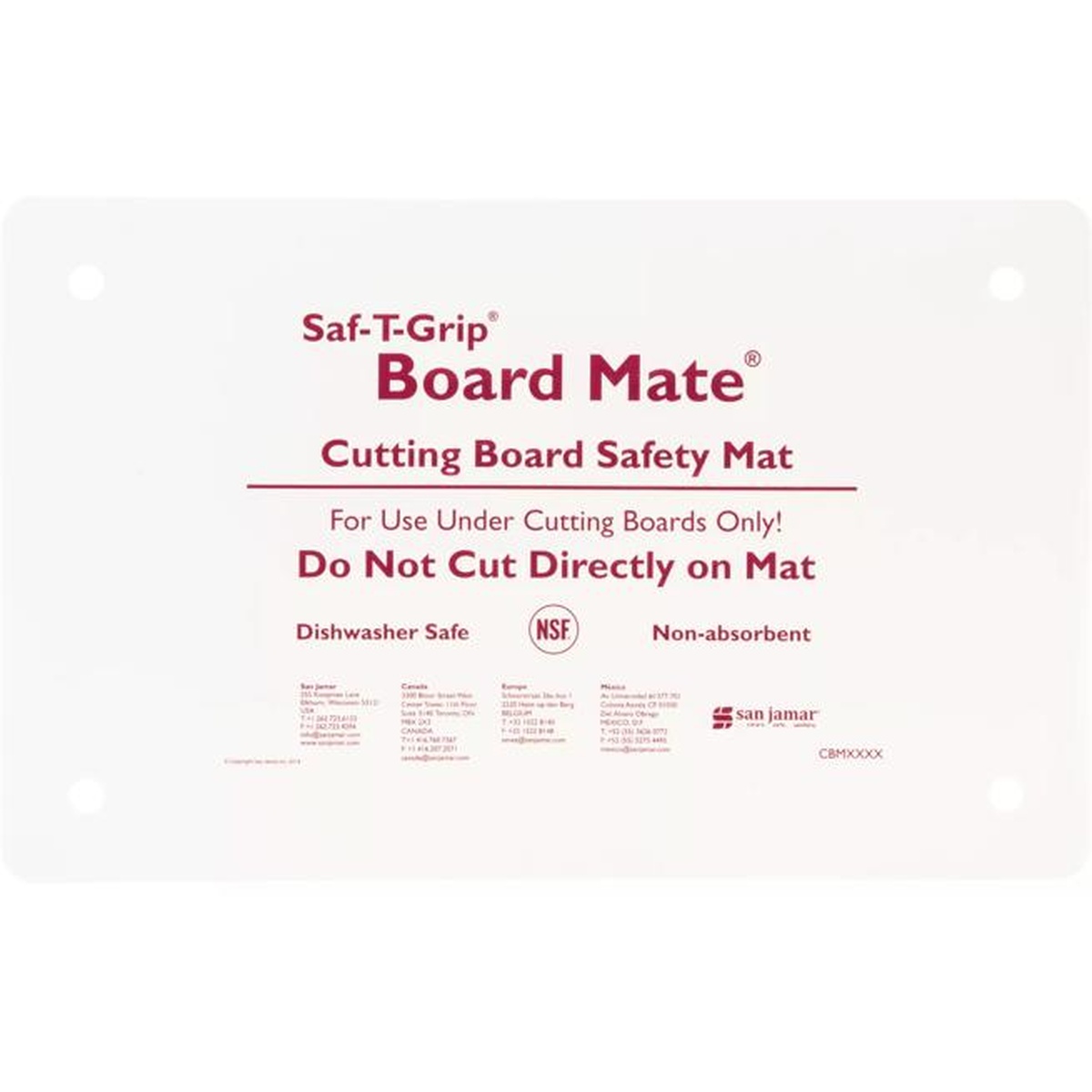 Saf-T-Grip Board Mate white mat front-facing flat view with full label text and NSF mark