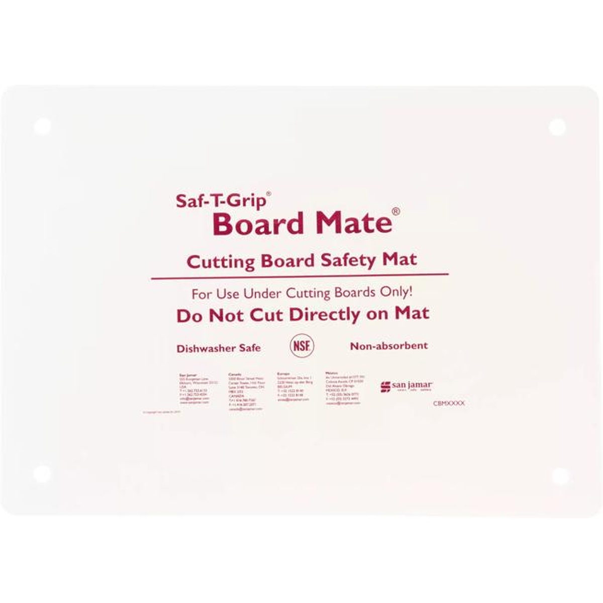 Saf-T-Grip Board Mate back panel showing dishwasher safe and non-absorbent certifications