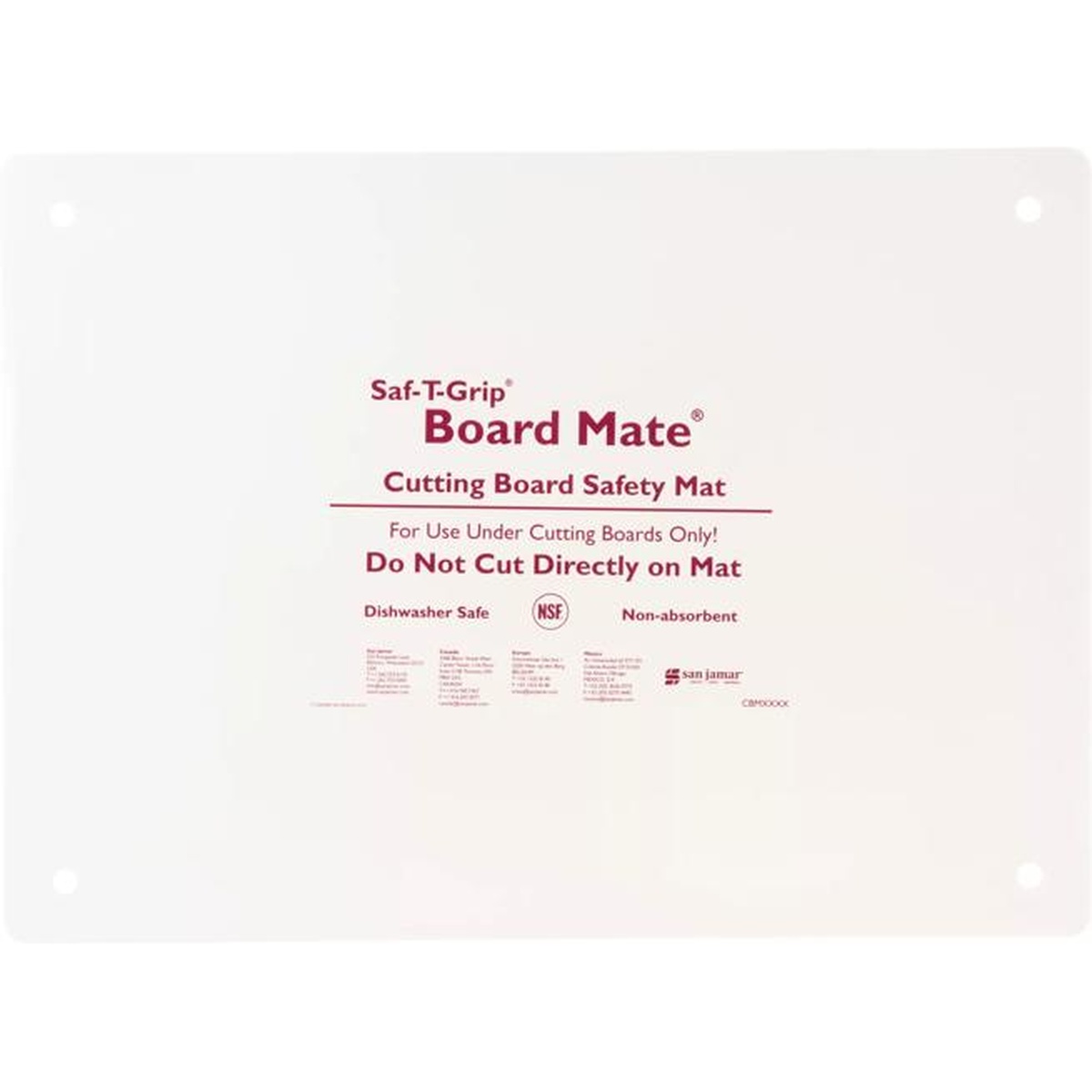 San Jamar Saf-T-Grip Board Mate flat front view showing NSF certification and dishwasher safe label
