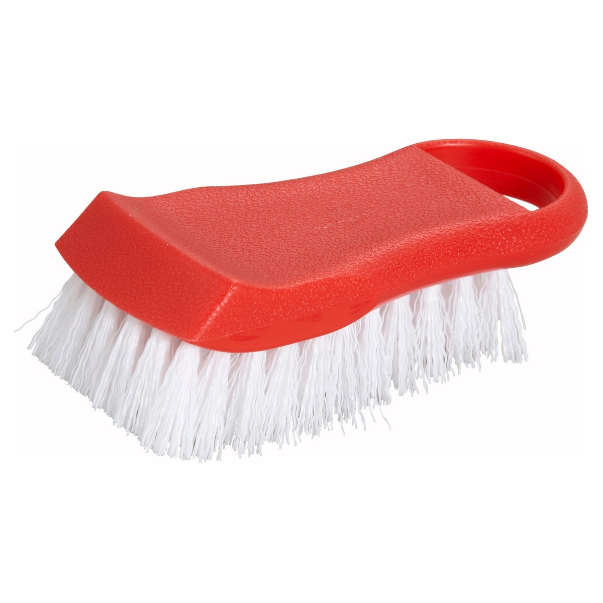 Winco CBR-RD red HACCP color-coded cutting board brush with white polypropylene bristles and looped hanging handle