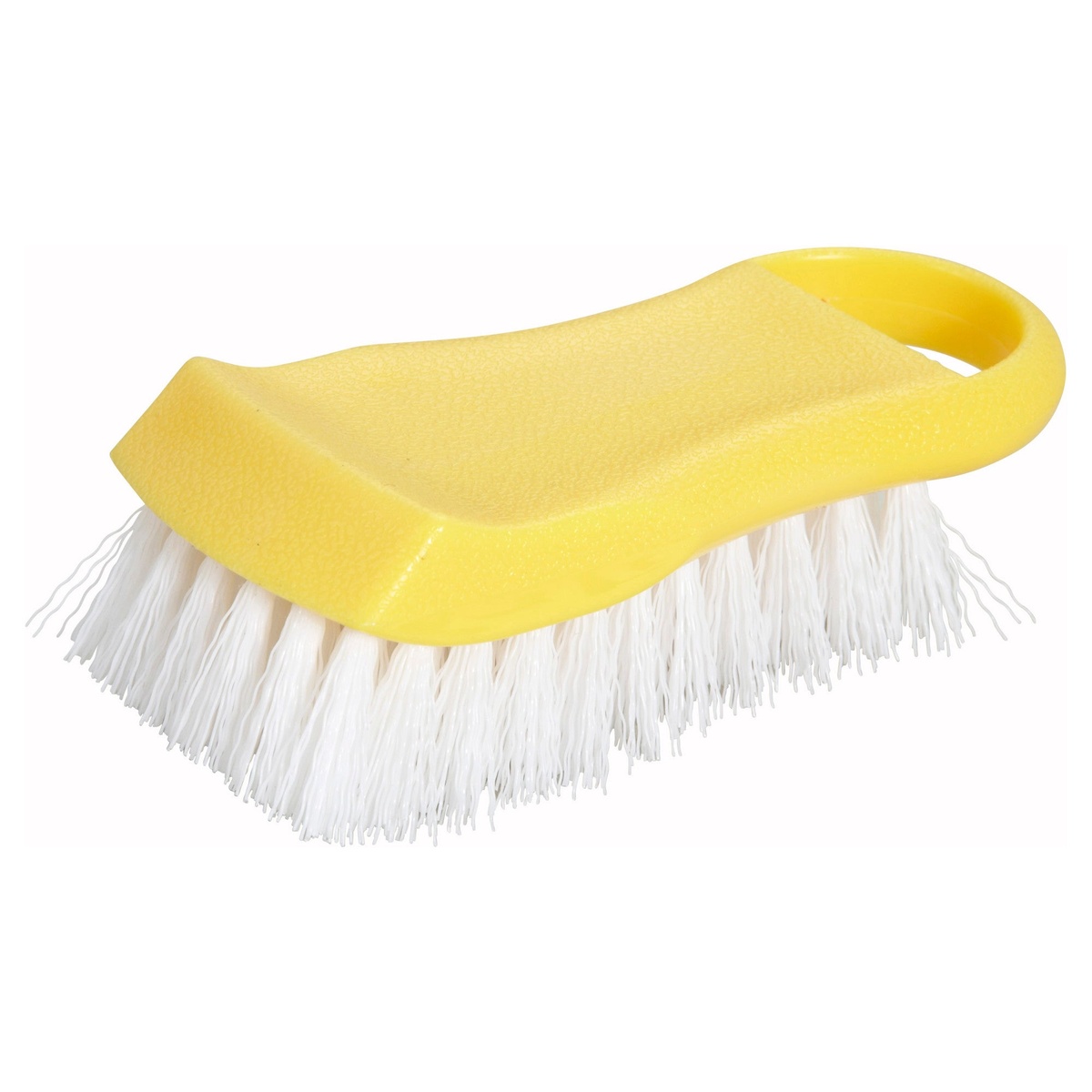Winco CBR-YL yellow plastic cutting board brush with white polypropylene bristles and ergonomic handle