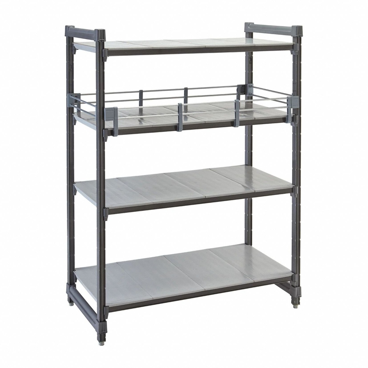 Cambro Camshelving Basic Plus full shelf rail kit installed on a four-tier gray polypropylene shelving unit