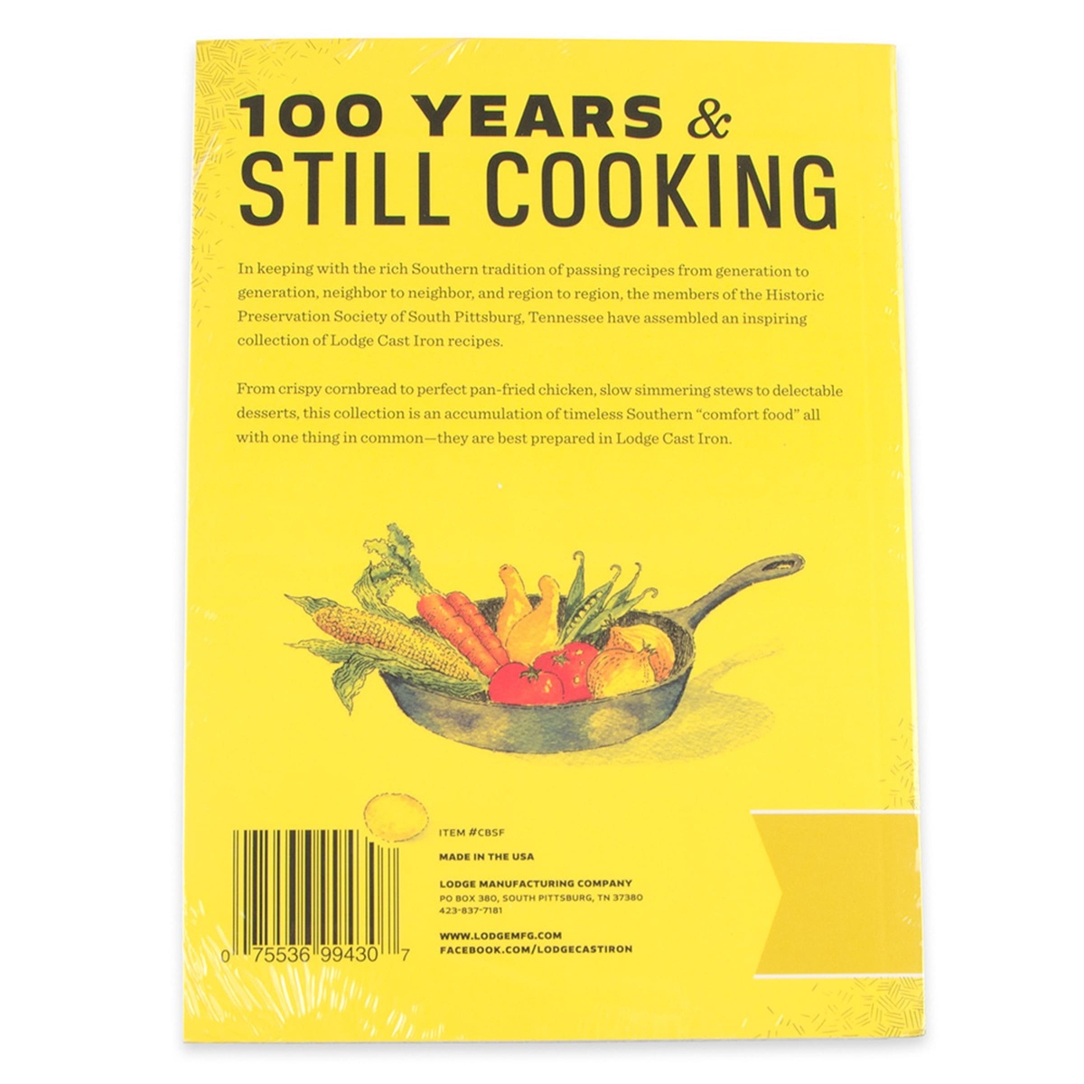 Back cover of Lodge A Skillet Full cookbook with illustrated cast iron skillet and vegetables