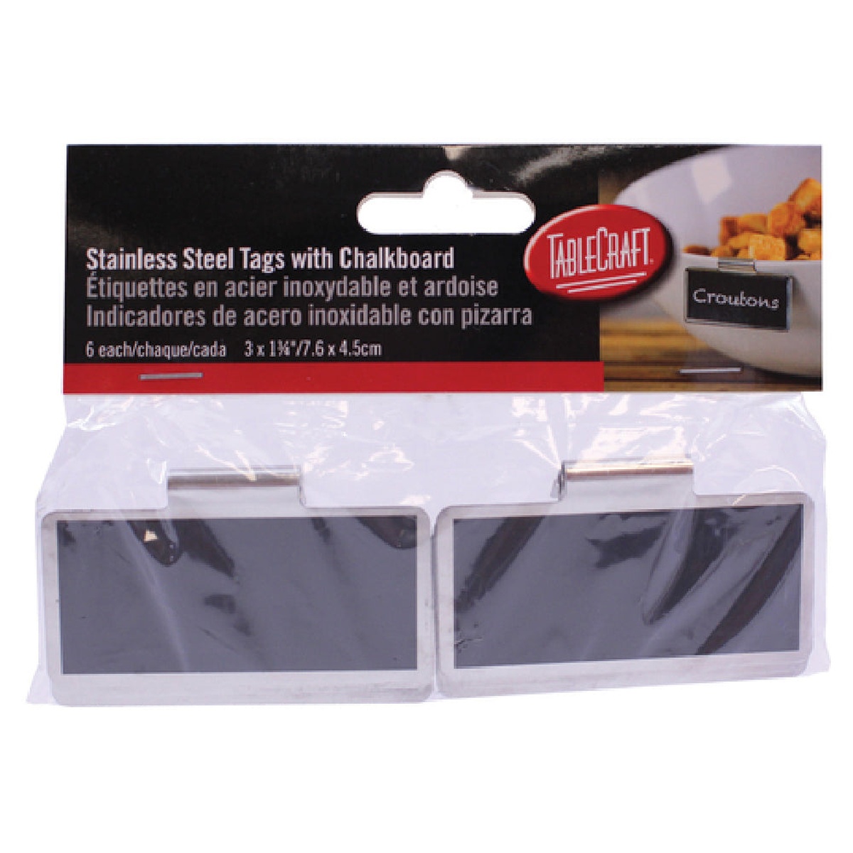 Tablecraft CBTSS3 retail packaging showing six stainless steel chalkboard tags in sealed bag with dimensions 3 x 1-3/4 inches