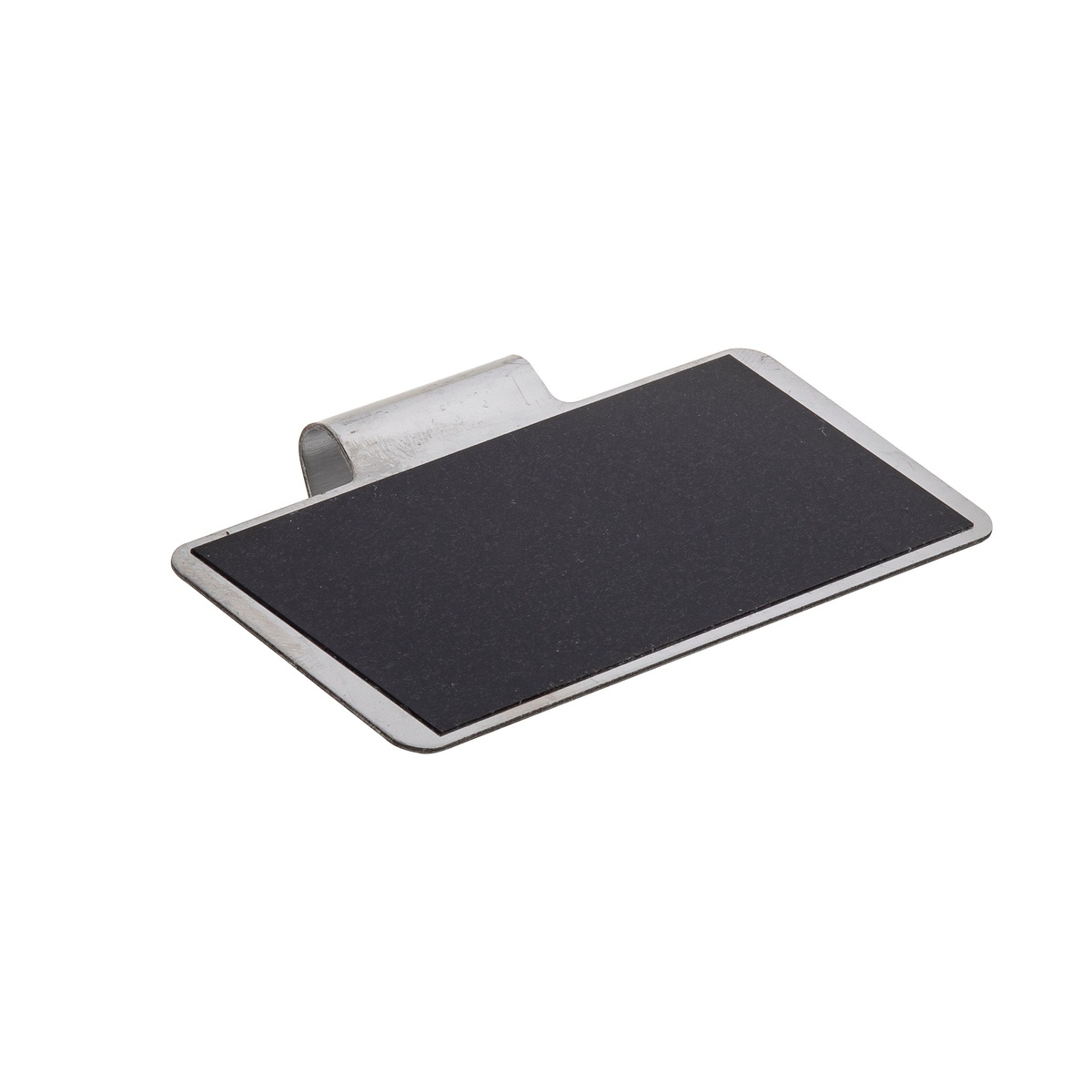 Tablecraft CBTSS3 stainless steel chalkboard tag diagonal underside view showing hook attachment and matte chalkboard surface
