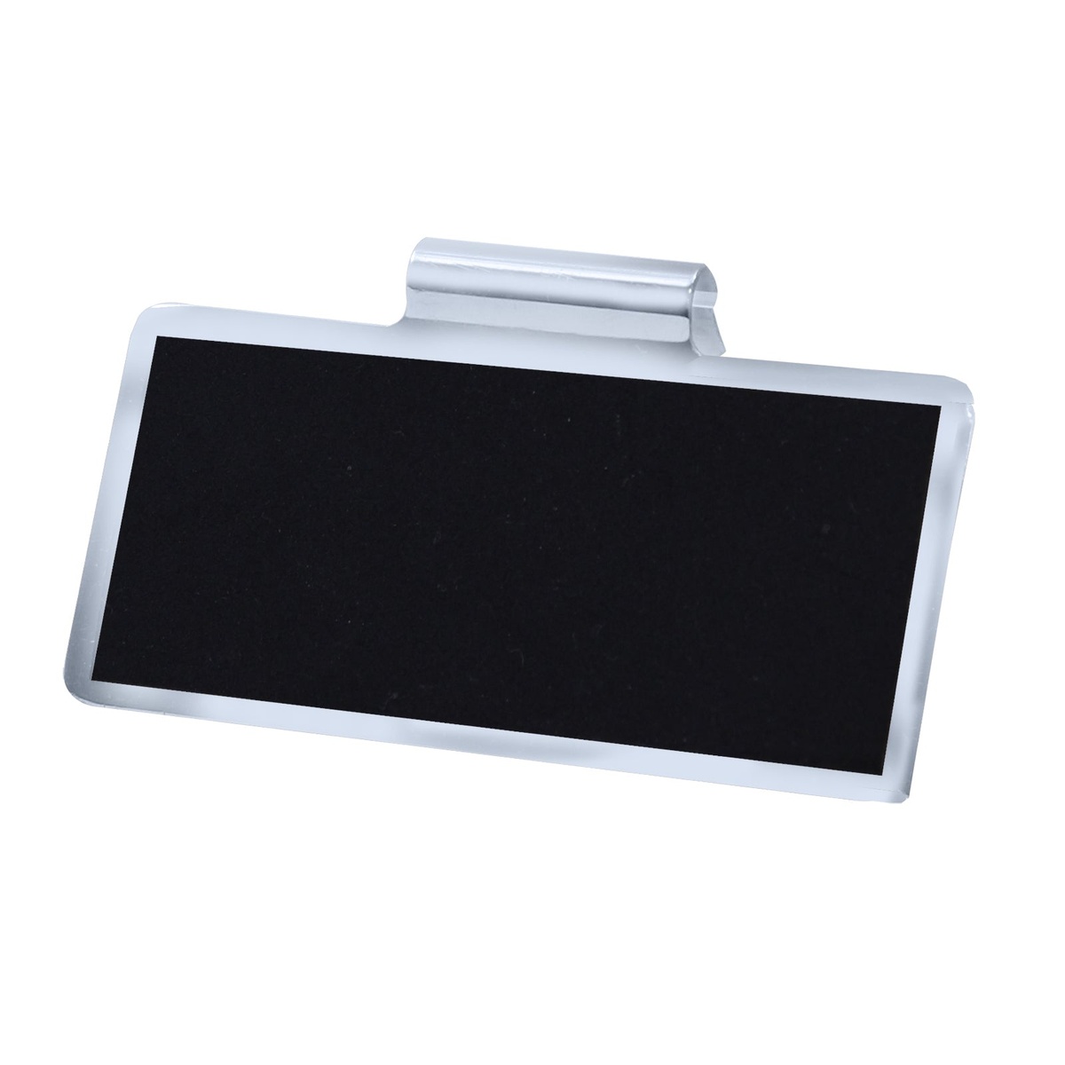 Tablecraft CBTSS3 stainless steel chalkboard tag angled view showing black chalkboard face and silver hook