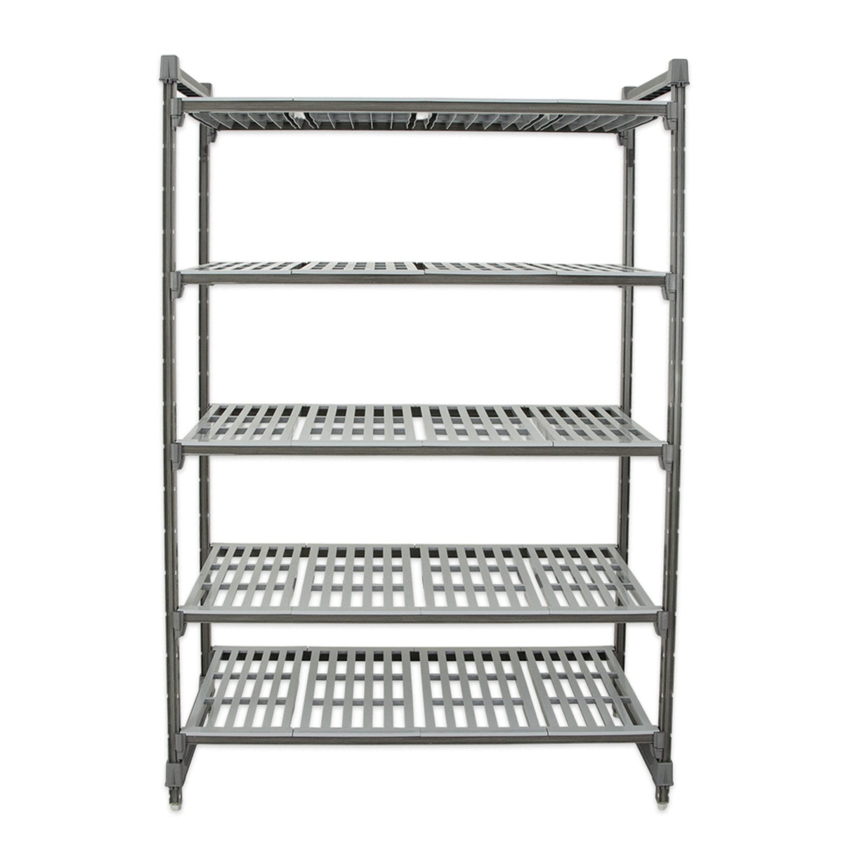 Cambro Camshelving Basics Plus shelving unit front view showing vented shelf plates and composite posts