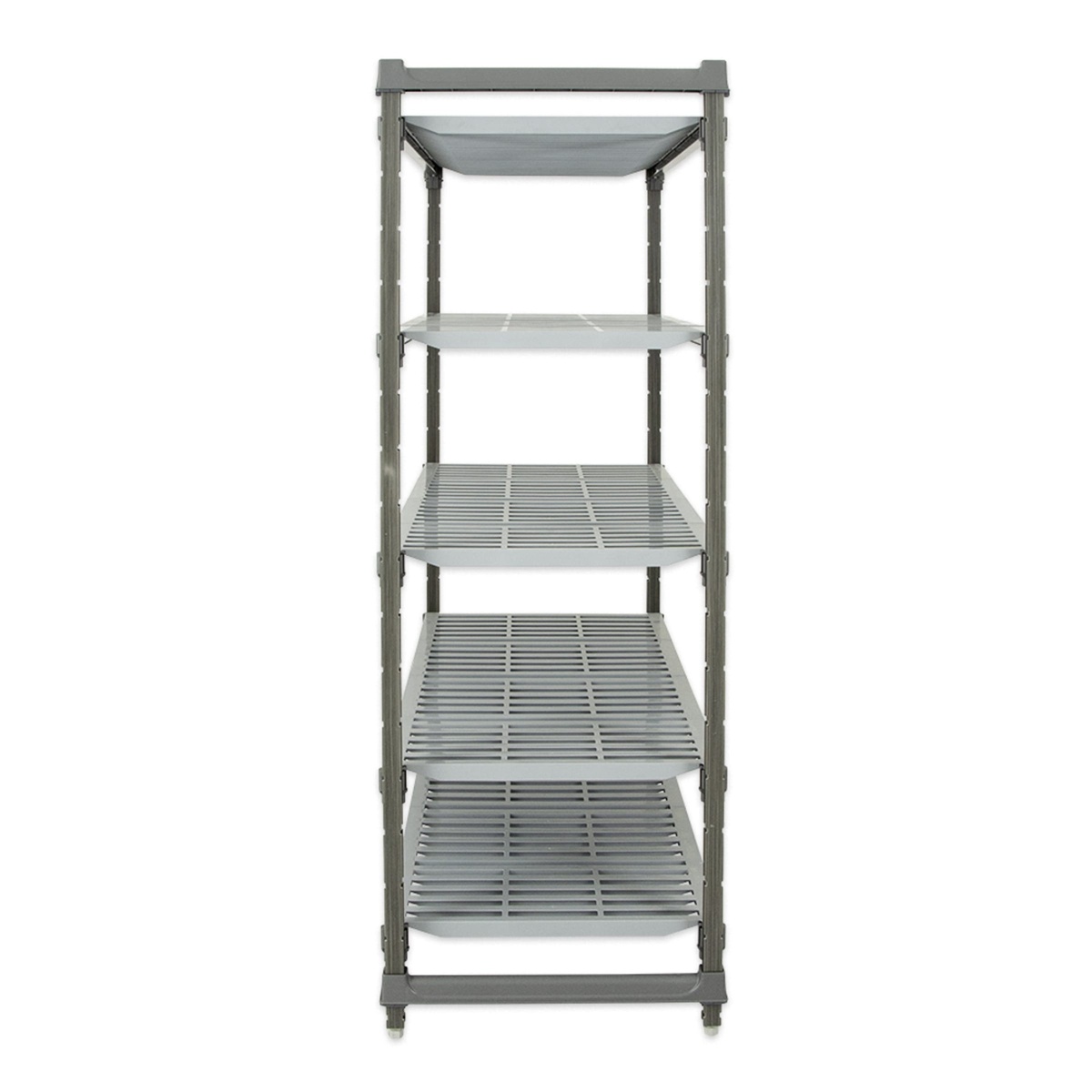 Cambro Camshelving Basics Plus shelving unit front view showing all five shelf levels and composite post frame
