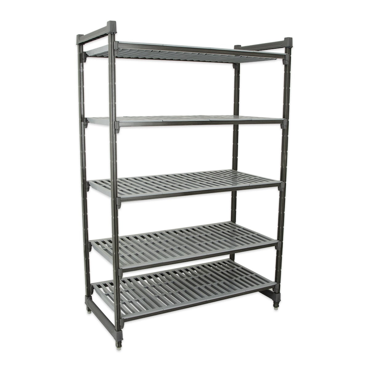Cambro Camshelving Basics Plus 5-tier vented shelving unit in brushed graphite gray, angled view showing full unit